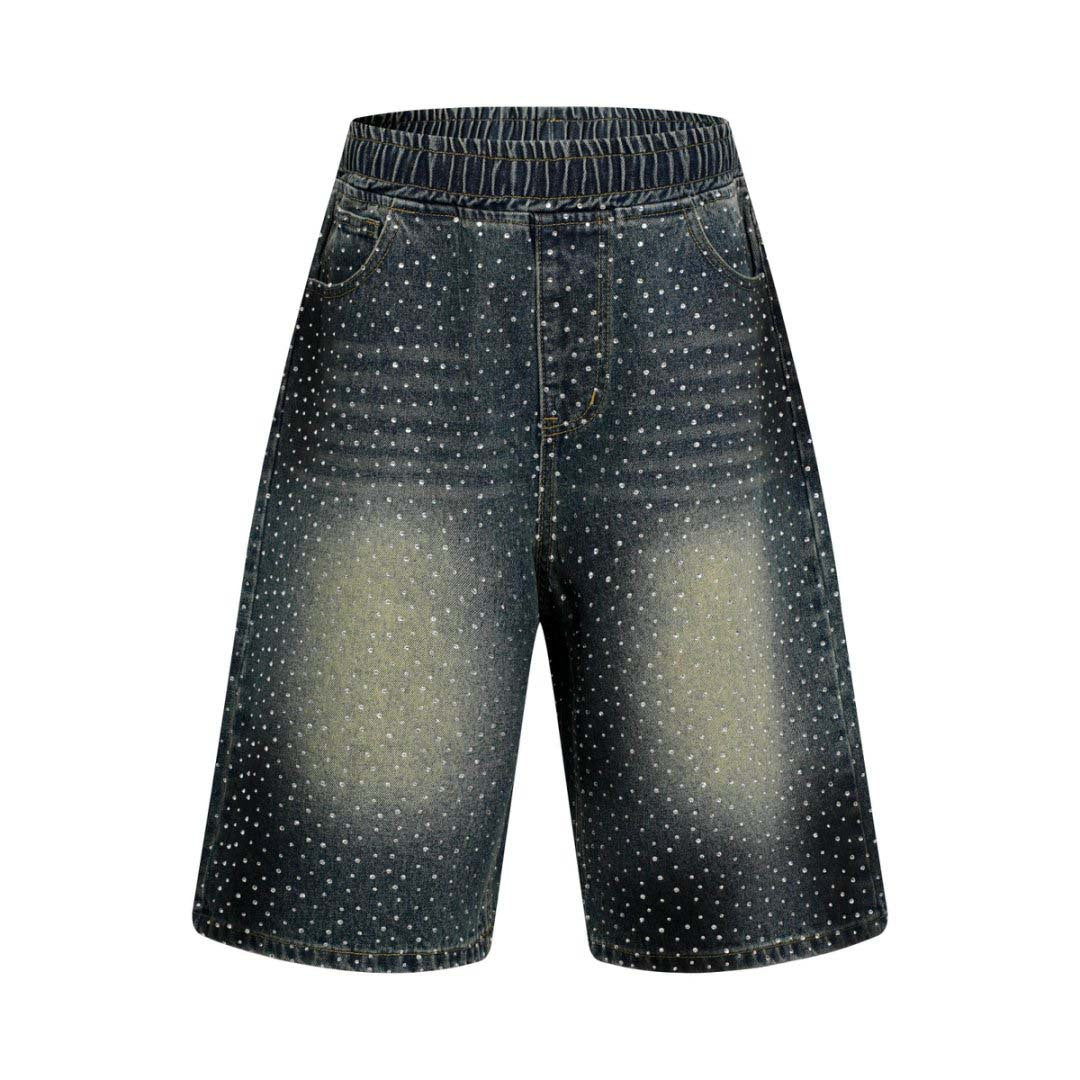 Washed Vintage Graffiti Rhinestone Denim Shorts Men's Loose Wide Leg Elastic Waist Five-Point Pants