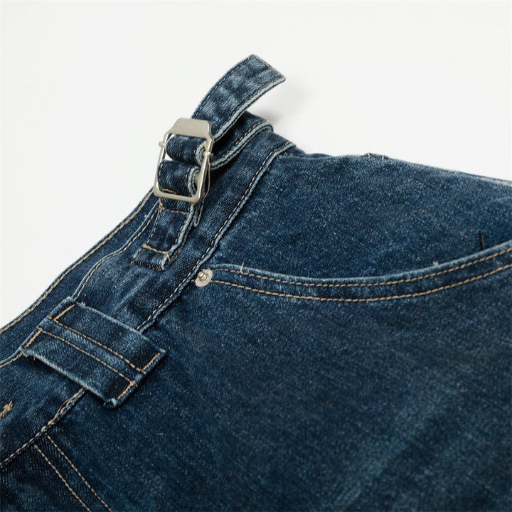 Workwear Denim Shorts Men's Summer Pocket Embroidery Washed Distressed Loose Wide-Leg Five-Point Pants Trendy