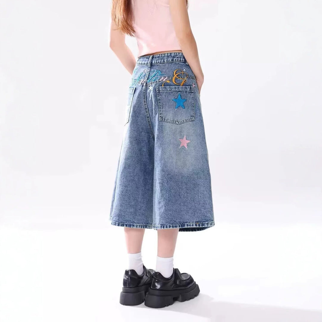 Vintage Star Print Denim Capri Pants Lightweight Loose Washed Wide Leg Shorts