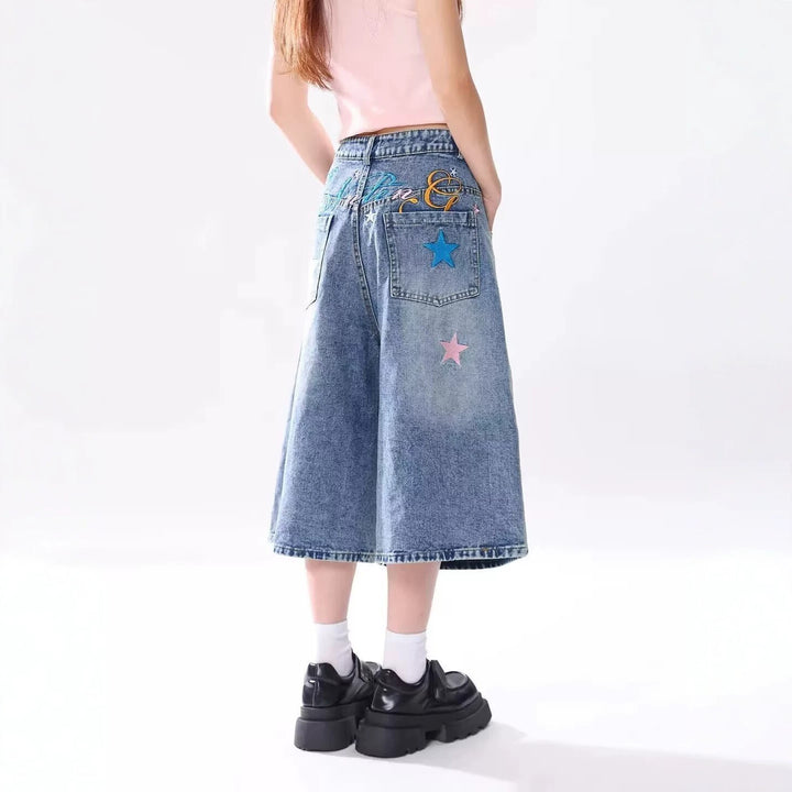 Vintage Star Print Denim Capri Pants Lightweight Loose Washed Wide Leg Shorts