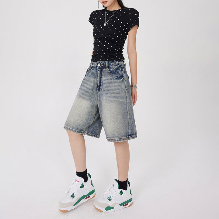 Orange Silk Women's Vintage Washed Denim Shorts  Five-Quarter Pants