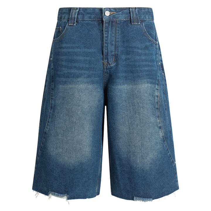 Vintage Washed Denim Shorts for Men Loose Straight Leg Casual Pants