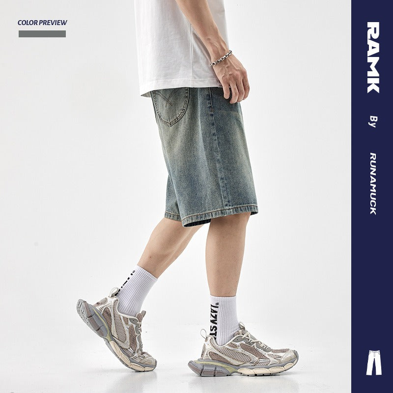 Denim shorts men's trendy brand loose straight-leg jodhpurs five-quarter pants casual versatile summer mid-pants