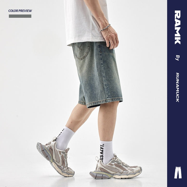 Denim shorts men's trendy brand loose straight-leg jodhpurs five-quarter pants casual versatile summer mid-pants