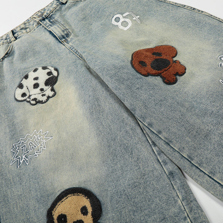 Puppy plush embroidered washed denim five quarter pants