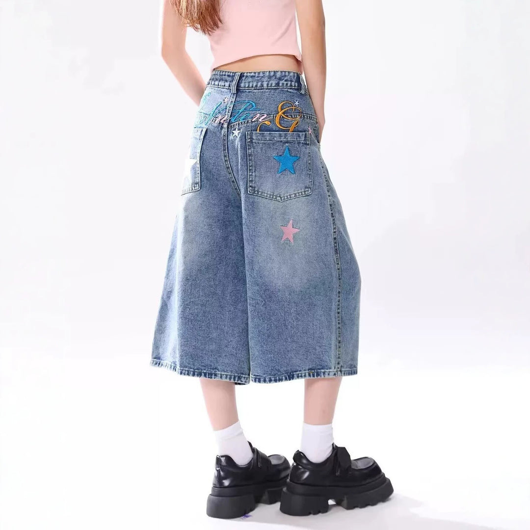 Vintage Star Print Denim Capri Pants Lightweight Loose Washed Wide Leg Shorts