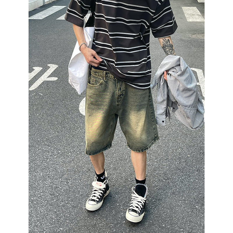 Blue denim shorts casual loose five quarter pants for men