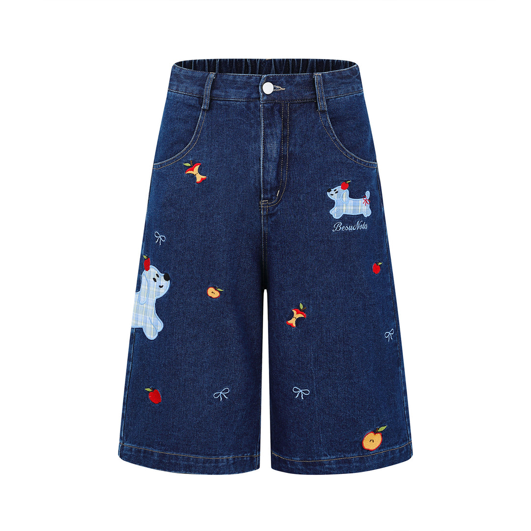 Washed Vintage Cartoon Plaid Puppy Embroidered Seven-Quarter Denim Pants Men's Versatile Casual Mid-Length Shorts