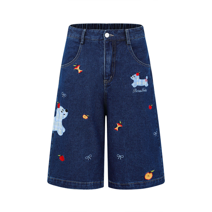 Washed Vintage Cartoon Plaid Puppy Embroidered Seven-Quarter Denim Pants Men's Versatile Casual Mid-Length Shorts