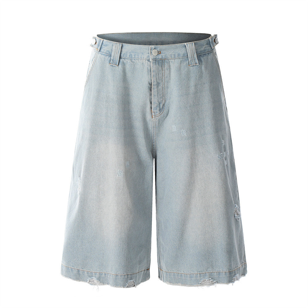Hole-Washed Denim Shorts Men's Loose   Retro Trendy Versatile Ripped Straight Leg Five-Point Pants