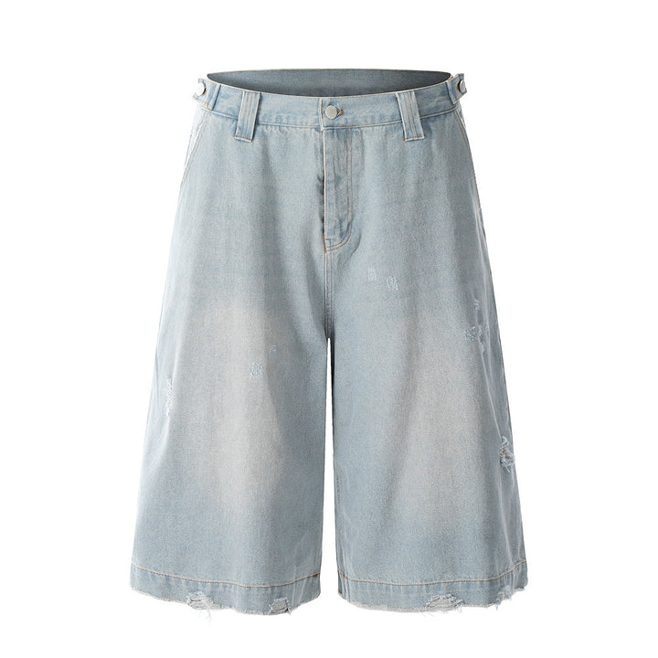 Hole-Washed Denim Shorts Men's Loose   Retro Trendy Versatile Ripped Straight Leg Five-Point Pants