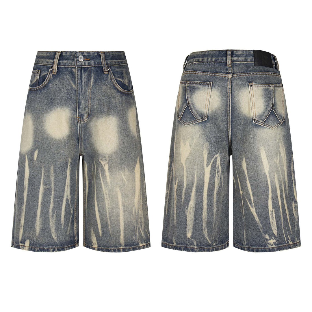 Retro Washed Distressed Denim Shorts Unisex Loose Wide-Leg Straight Leg Three-Quarter Pants
