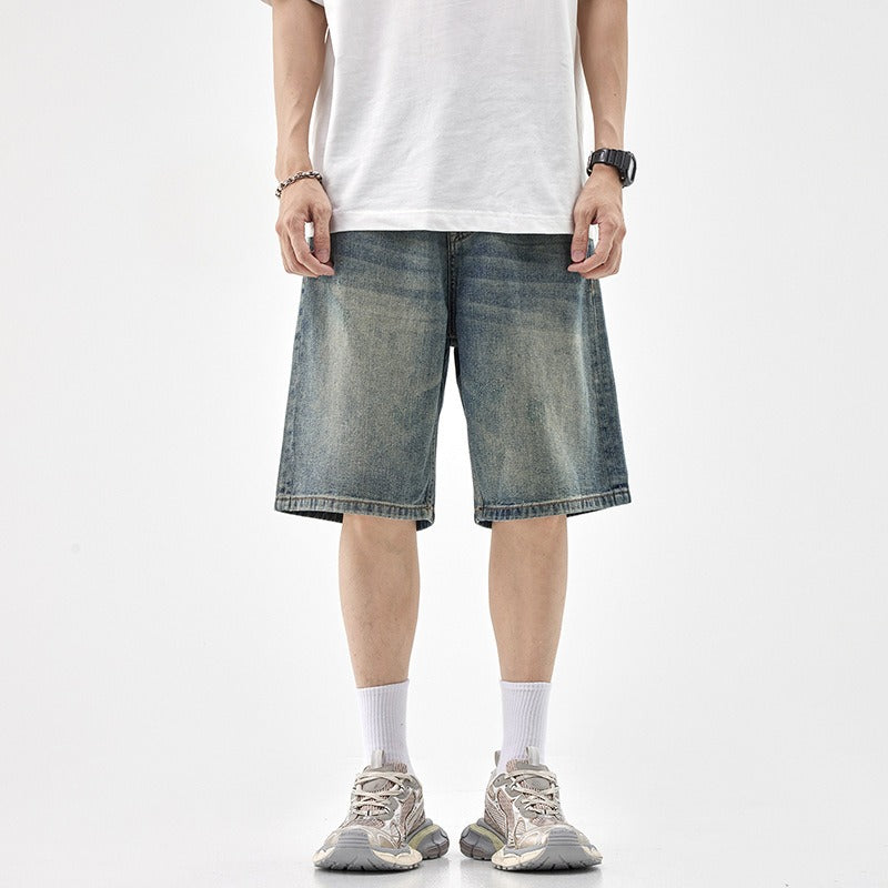 Denim shorts men's trendy brand loose straight-leg jodhpurs five-quarter pants casual versatile summer mid-pants