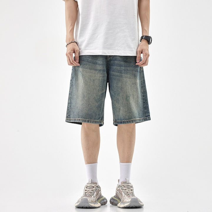Denim shorts men's trendy brand loose straight-leg jodhpurs five-quarter pants casual versatile summer mid-pants