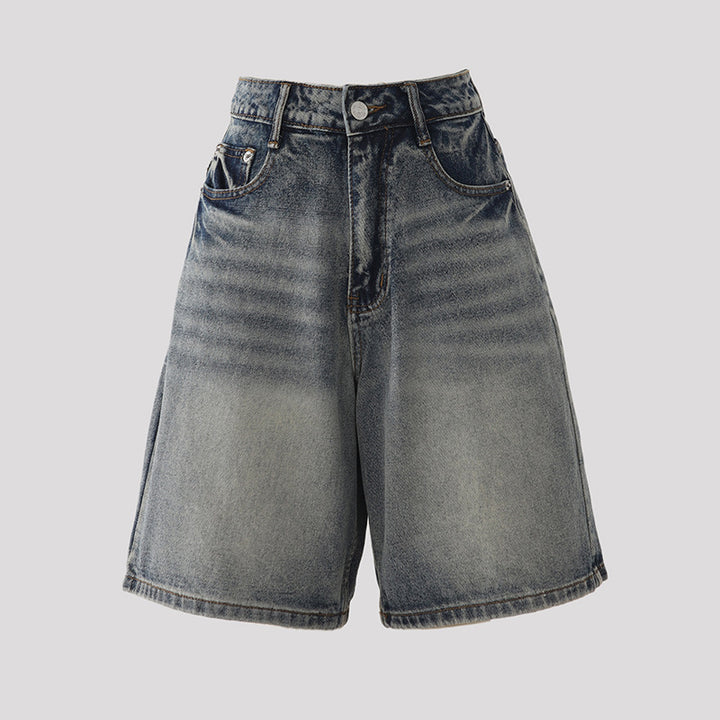 Orange Silk Women's Vintage Washed Denim Shorts  Five-Quarter Pants