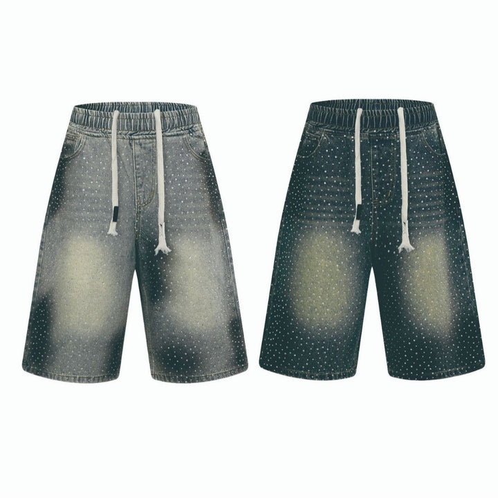 Washed Vintage Graffiti Rhinestone Denim Shorts Men's Loose Wide Leg Elastic Waist Five-Point Pants