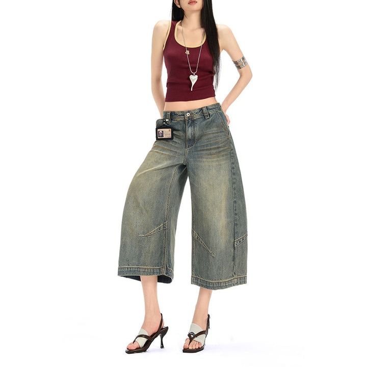 Retro Deconstructed Knife-Edge Denim Shorts Street Distressed Washed Casual Wide-Leg Three-Quarter Pants