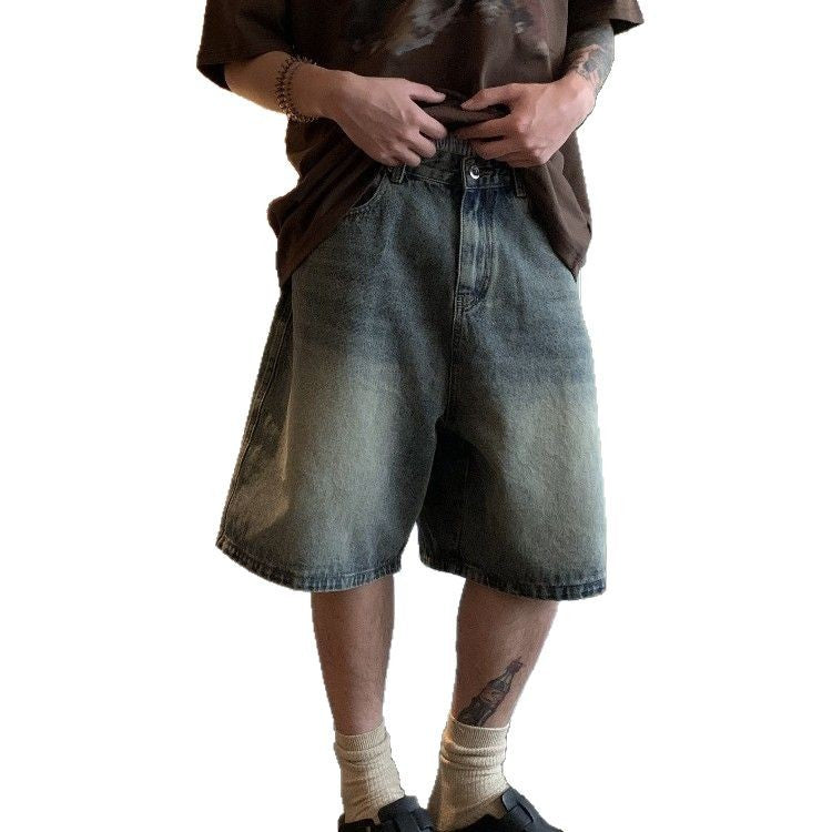 Blue denim shorts casual loose five quarter pants for men