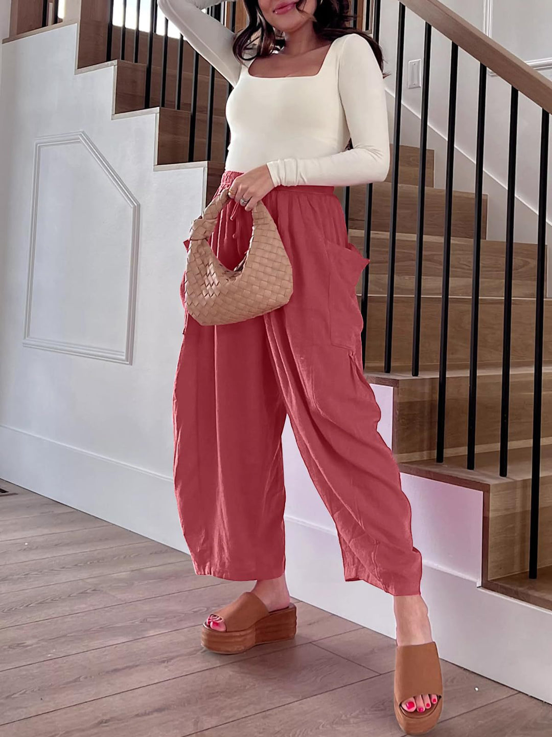 Elastic Waist Pleated Wide Leg Pants