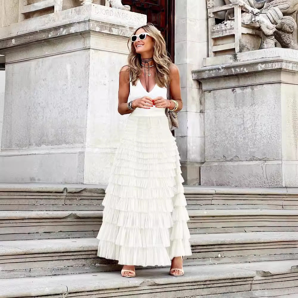 Flowy Layered Mesh Midi Skirt
