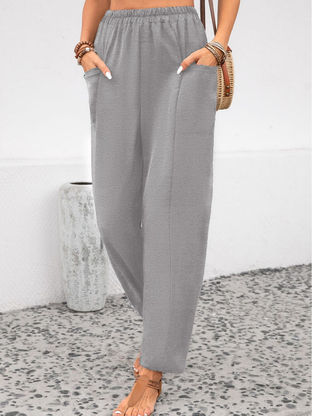 Solid Color Elastic Pants