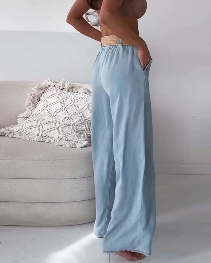 Washed Denim Wide-Leg Pants