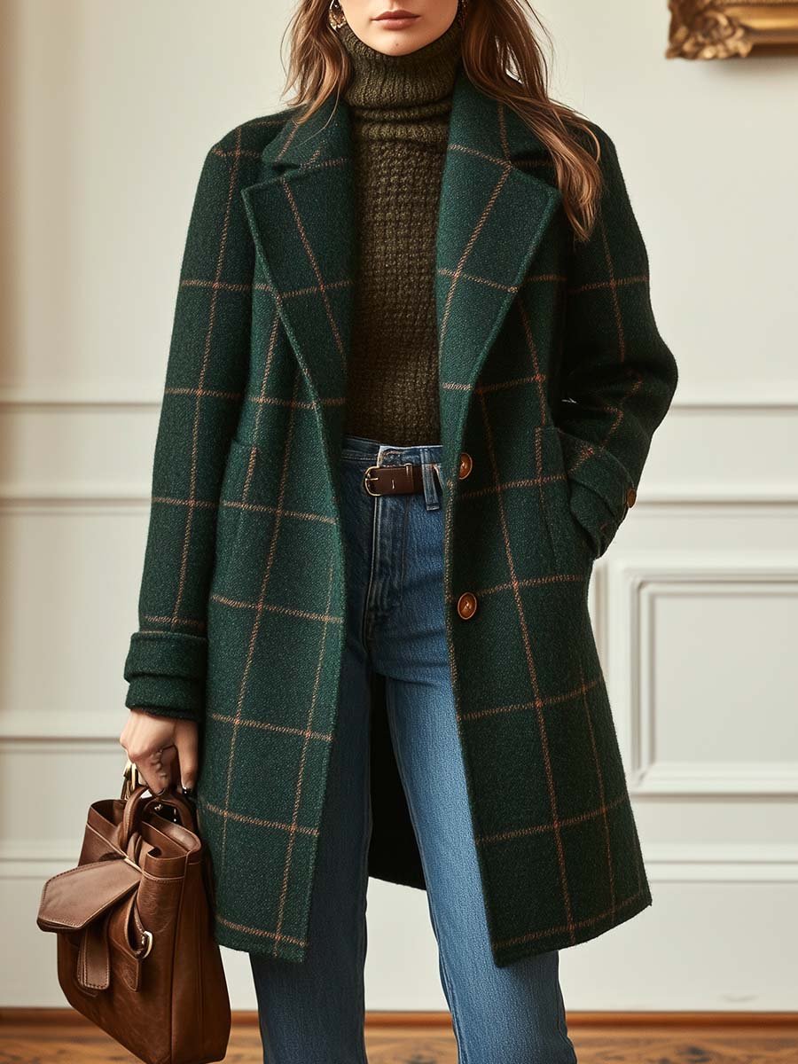 Women's Retro Lapel Plaid Tweed-Coat