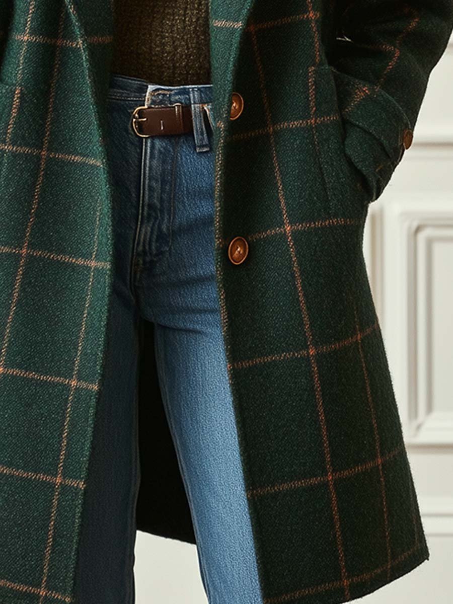 Women's Retro Lapel Plaid Tweed-Coat