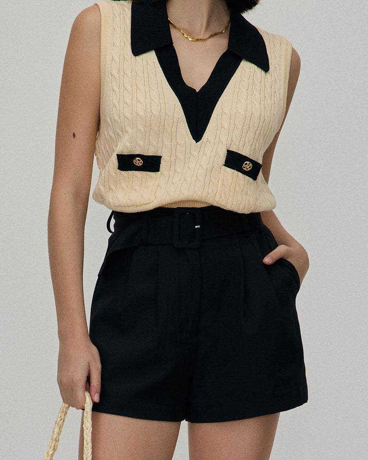 Anna-Berg | High-waisted Pleated Belted Shorts for Women, Black