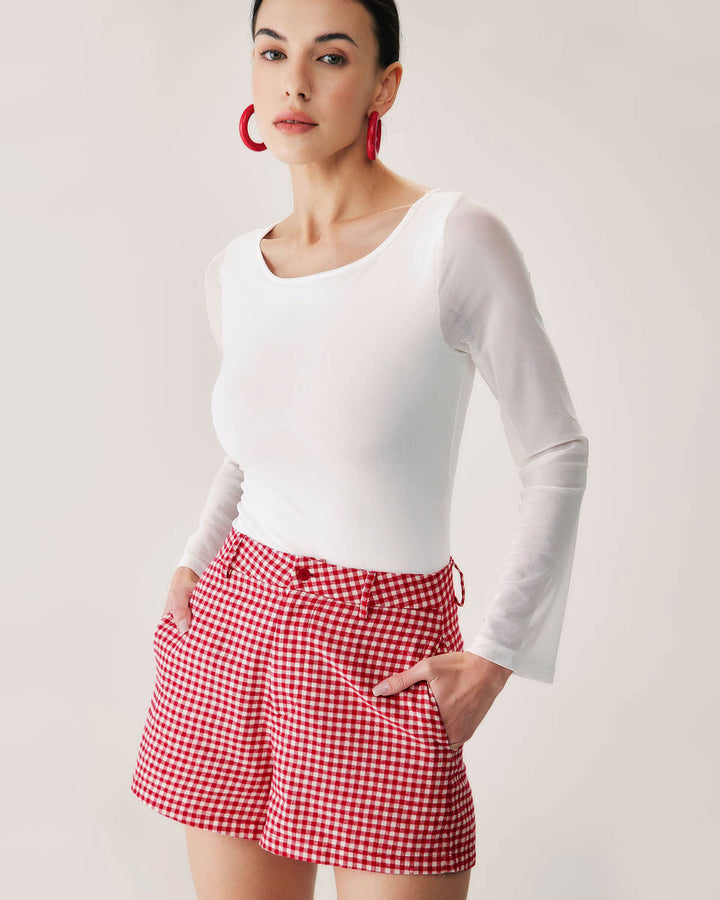 Anna-Berg | High-Waisted Pocket Shorts for Women, Plaid, Red