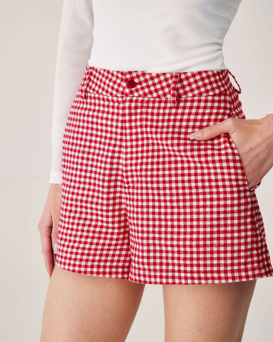 Anna-Berg | High-Waisted Pocket Shorts for Women, Plaid, Red