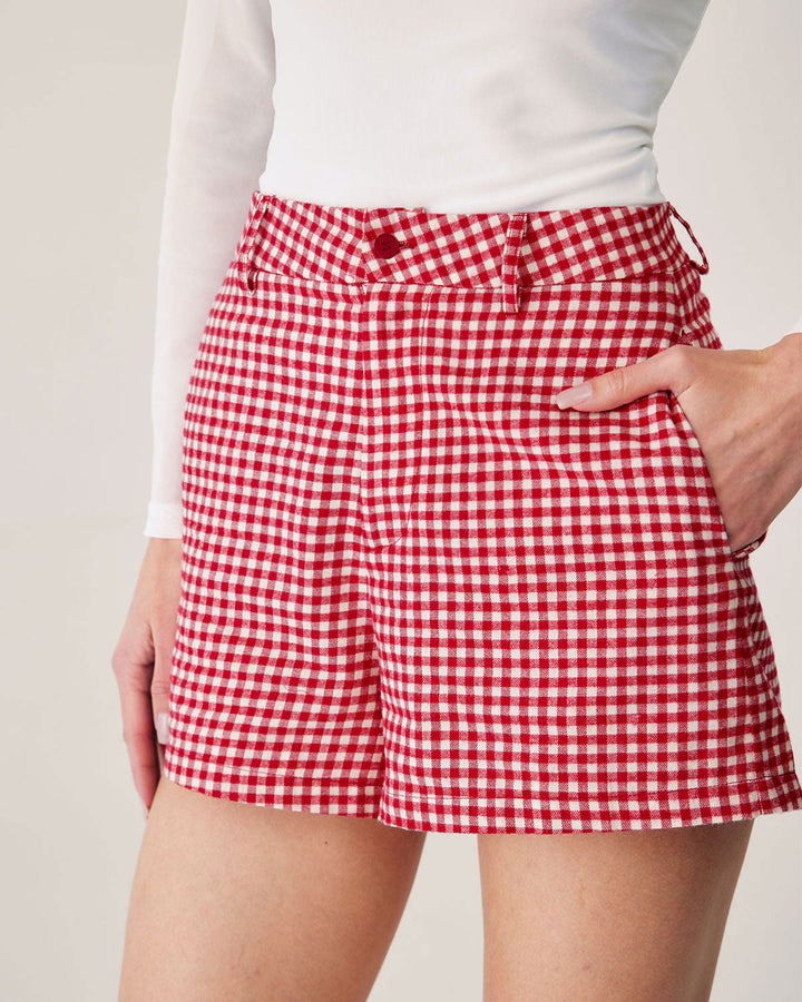 Anna-Berg | High-Waisted Pocket Shorts for Women, Plaid, Red